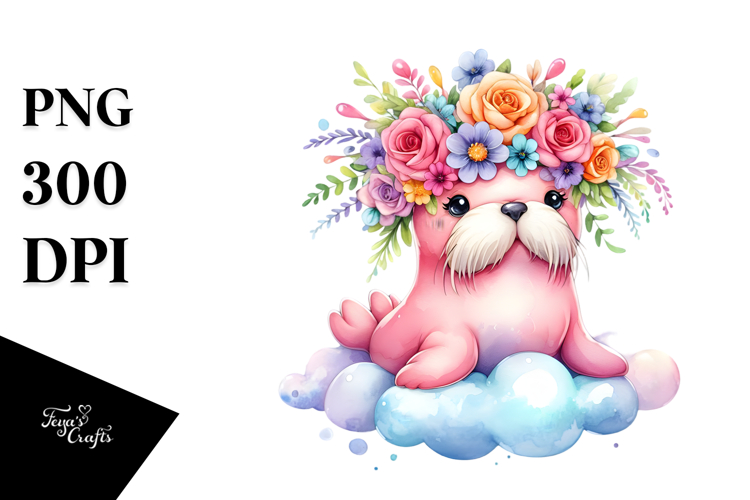 Cute Baby Walrus with Flower Crown PNG
