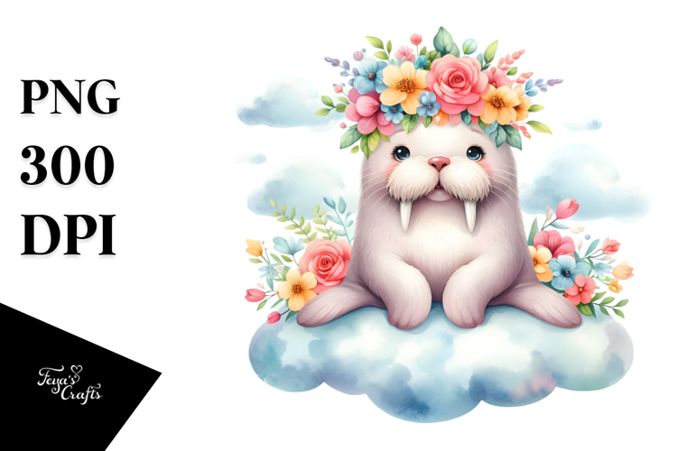 Cute Baby Walrus with Flower Crown PNG