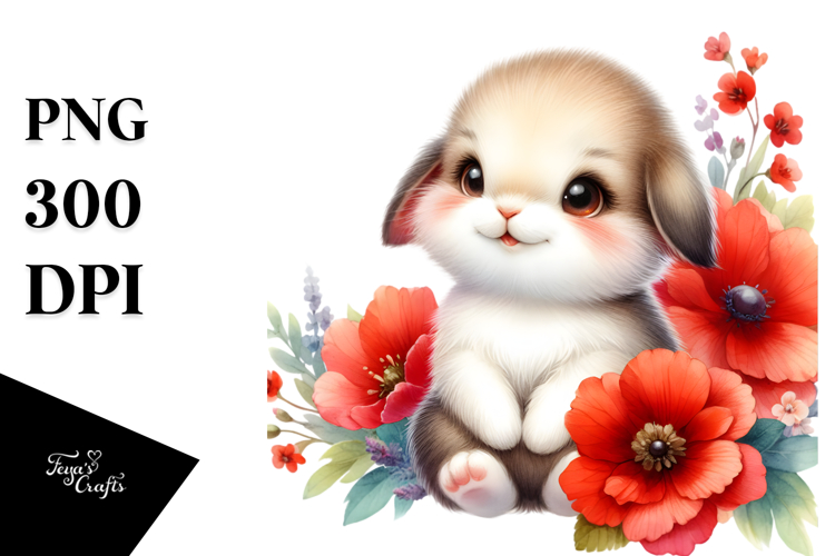Colorful Watercolor Rabbit on Red Flowers