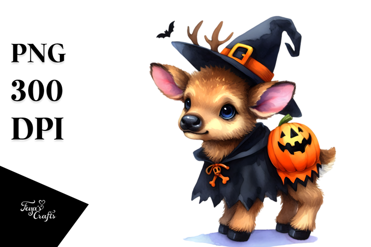 Vibrant Watercolor Cute Baby Elk Dressed for Halloween |