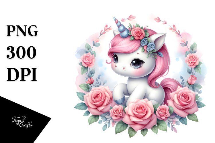Baby Unicorn with Rose Frame Watercolor Clipart