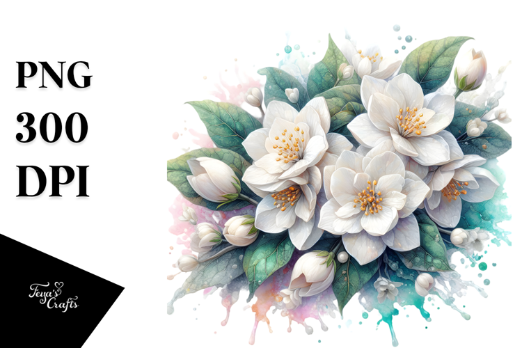 Jasmine with Metallic Insertions, Watercolor Splash PNG