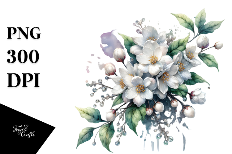 Jasmine with Metallic Insertions, Watercolor Splash PNG