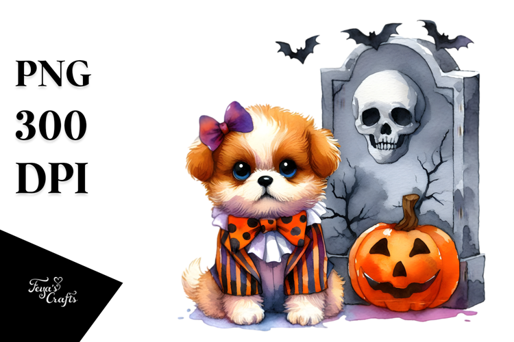 Vibrant Watercolor Cute Baby Dog Dressed for Halloween |