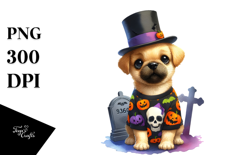 Vibrant Watercolor Cute Baby Dog Dressed for Halloween |