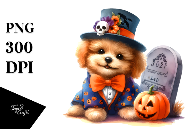Vibrant Watercolor Cute Baby Dog Dressed for Halloween |