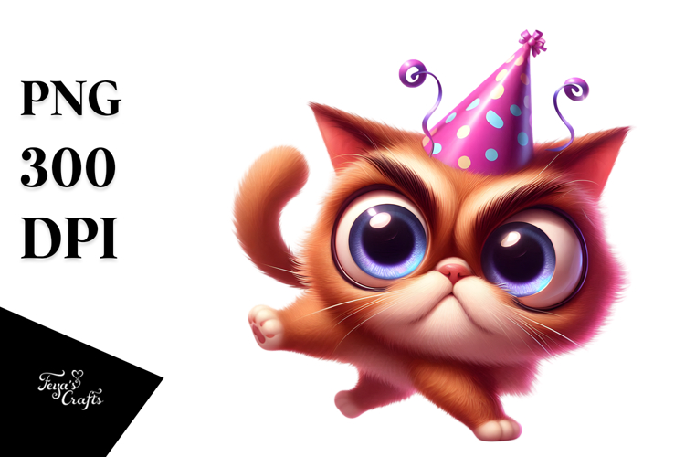 Ridiculously Cute Cat with Party Hat, High-Res PNG