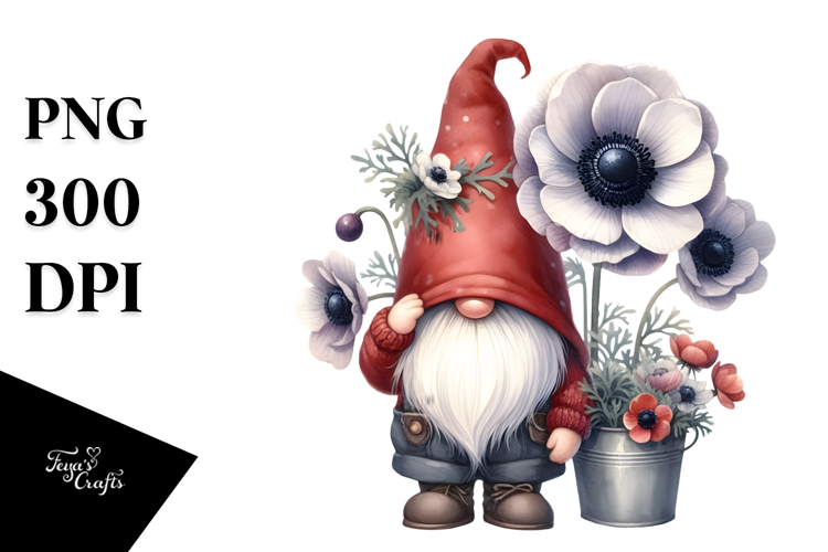 Cute Gnome with Anemone Ornament, Delicate PNG