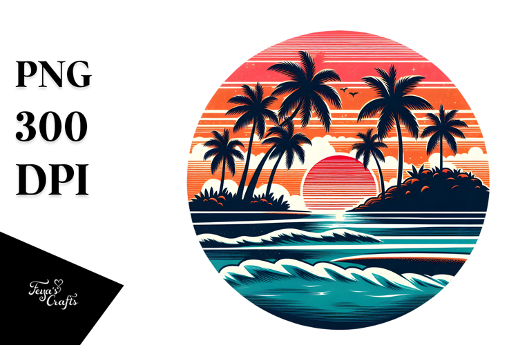 Retro Tropical Island Sunset PNG