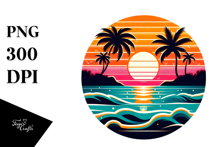 Retro Tropical Beach Sunset PNG