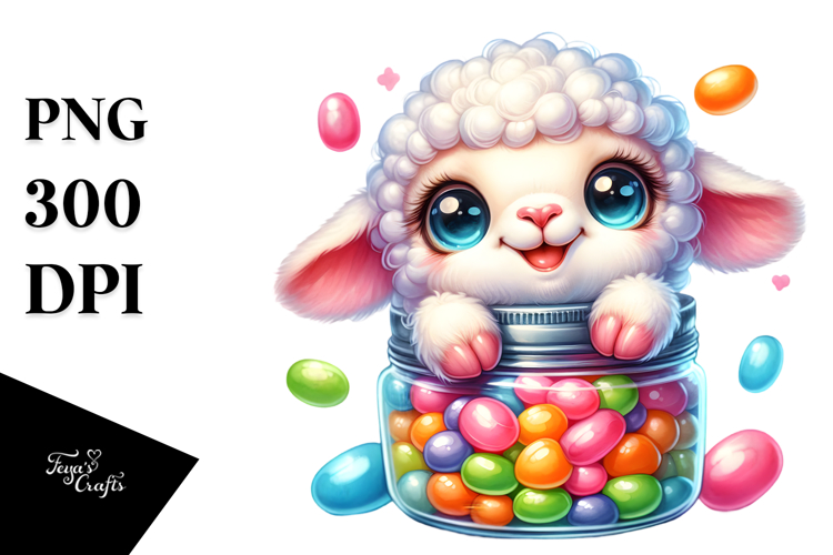 Smiling Cute Lamb with Jellybean Jar PNG