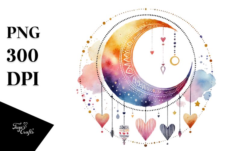 Colorful Moon with Hanging Hearts PNG