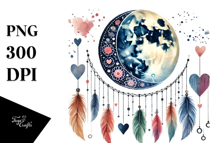 Colorful Moon with Hanging Hearts PNG