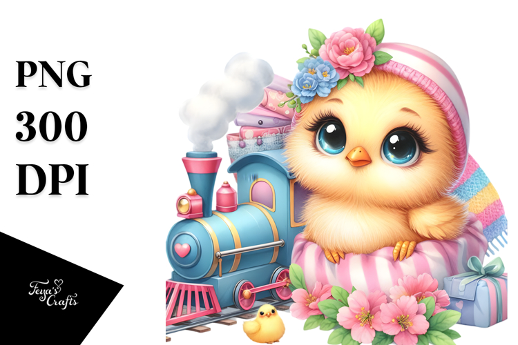 Baby Chicken with Spring Clothes and Small Train PNG