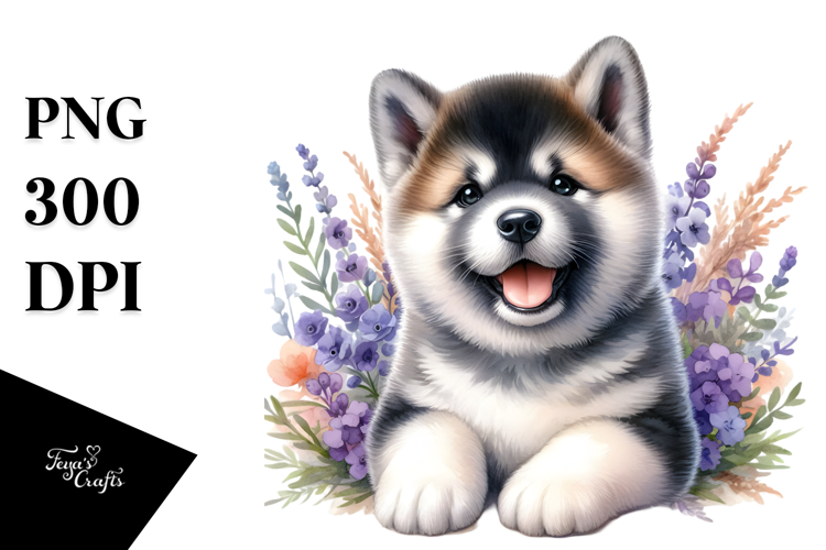 Baby Akita in Watercolor, Detailed PNG
