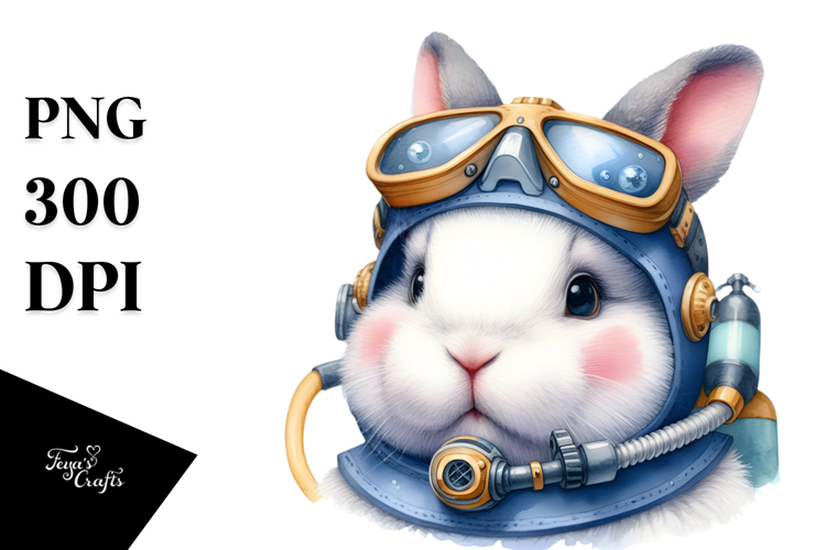 Funny Bunny with Scuba Helmet Watercolor