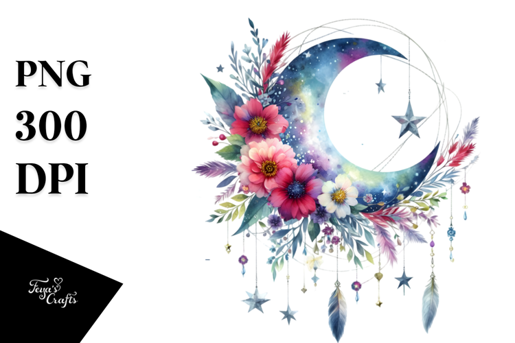 Vibrant Watercolor Boho Moon with Flowers | Sublimation |