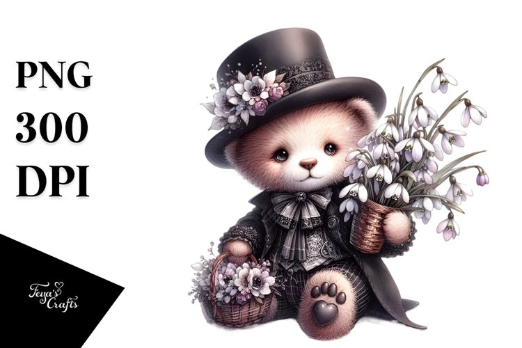 Watercolor Gothic Cute Baby Bear Holding Basket of Flowers |