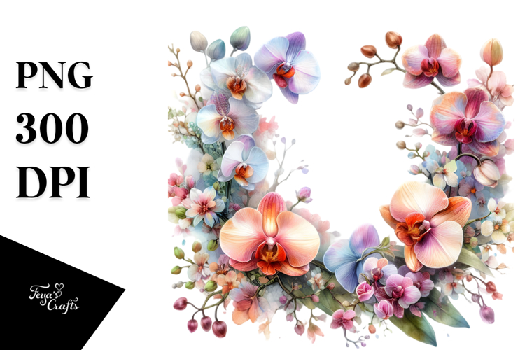 Colorful Floral Frame with Glossy Orchid Petals, Transparent