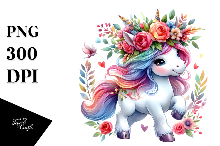 Cute Unicorn Running with Floral Wreath PNG
