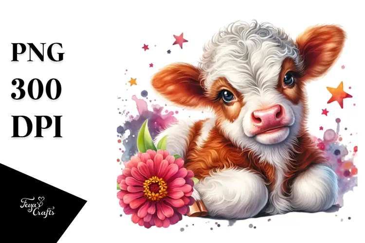 Baby Highland Cow with Zinnia PNG