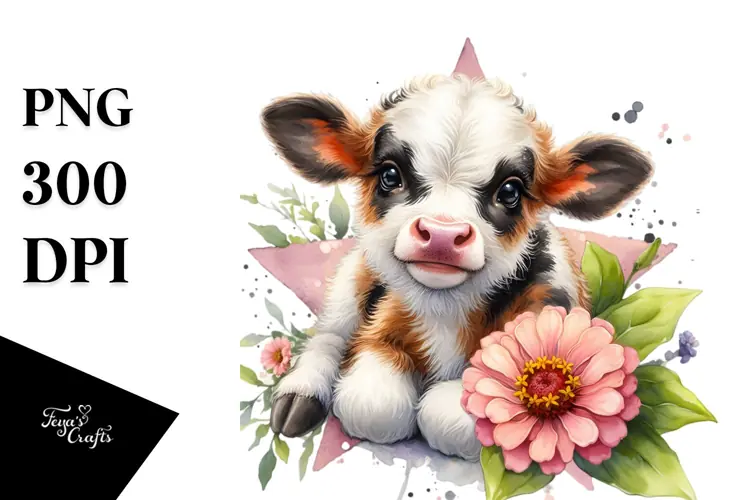 Baby Highland Cow with Zinnia PNG