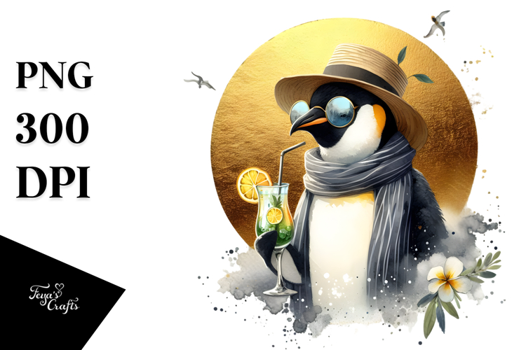 Penguin in Beachwear Drinking Cocktail, Watercolor PNG