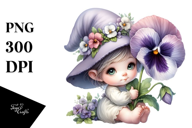 Cute Baby Gnome with Big Pansy PNG example image 1