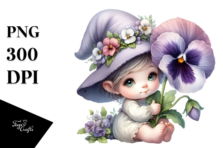 Cute Baby Gnome with Big Pansy PNG