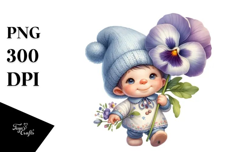 Baby Gnome with Pansy PNG
