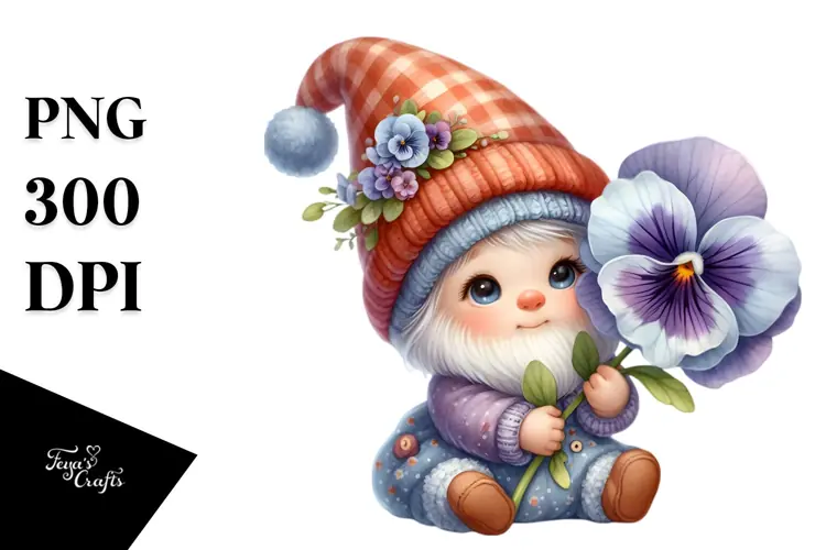 Baby Gnome with Pansy PNG