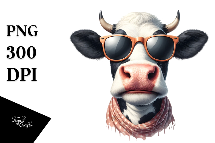 Goofy Cow with Sunglasses, Watercolor PNG