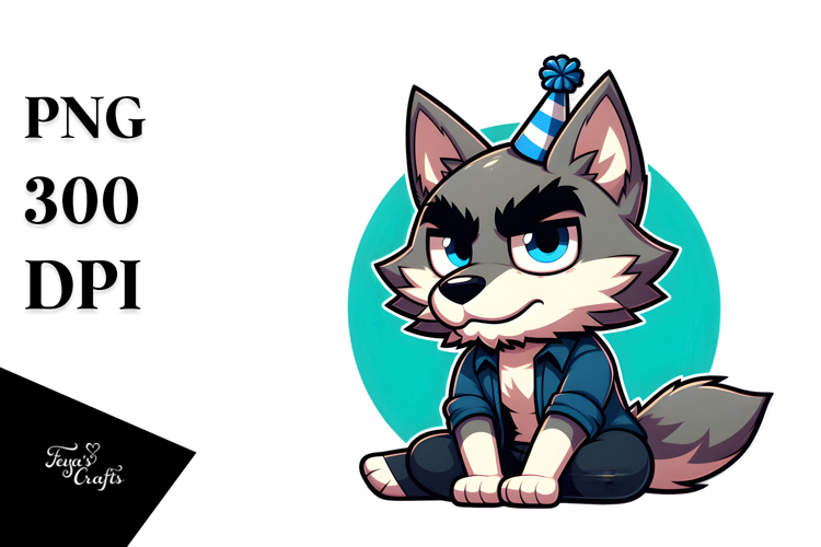 Goofy Wolf with Party Hat, Vector Art