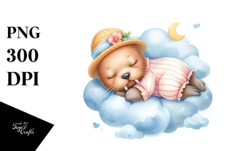 Whimsical Baby Walrus Dressed and Sleeping PNG