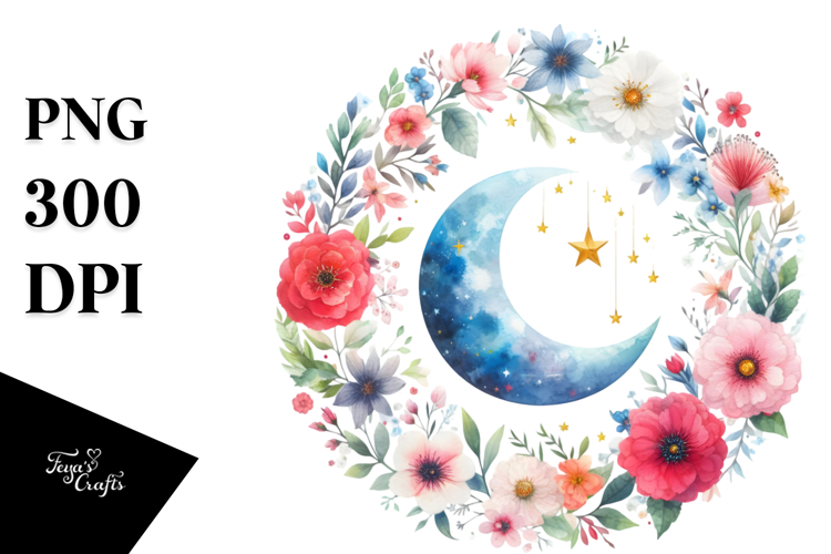 Vibrant Watercolor Moon with Stars | Clipart