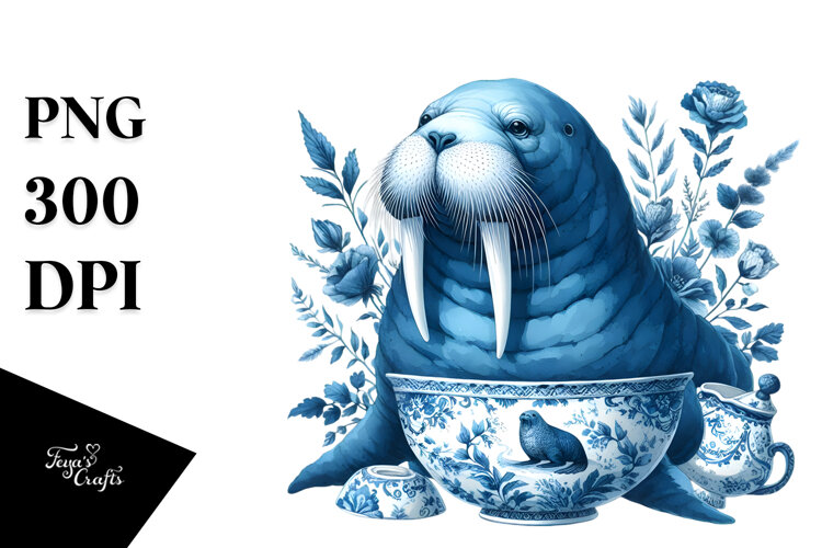 Blue Toile Walrus, PNG example image 1