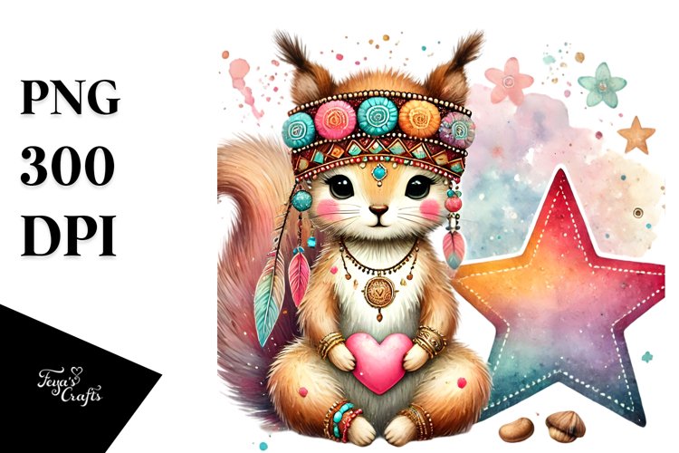 Boho Squirrel Holding Heart PNG