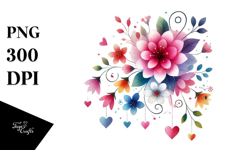 Colorful Flower with Hanging Hearts PNG