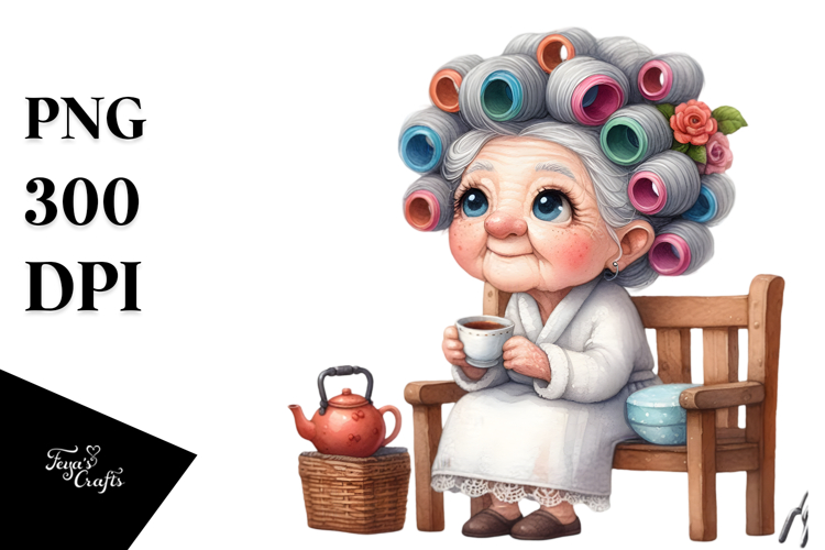 Old Lady Character on Bench with Hair Curlers | Sublimation