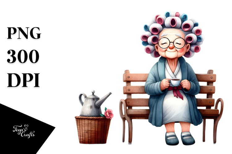 Old Lady Character on Bench with Hair Curlers | Sublimation