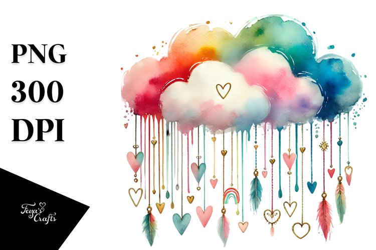 Colorful Cloud with Hanging Hearts PNG