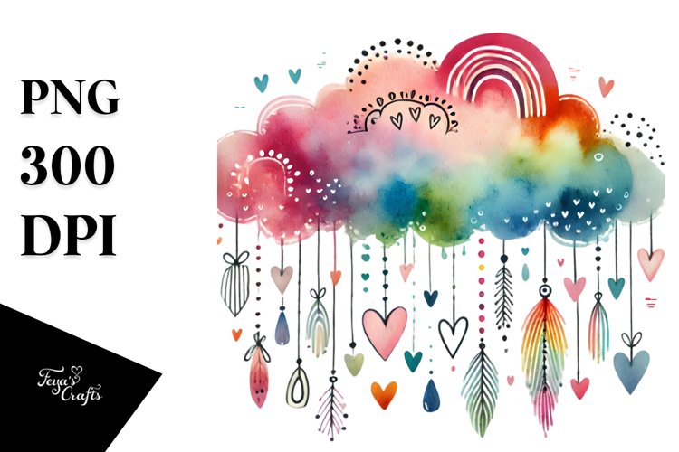 Colorful Cloud with Hanging Hearts PNG