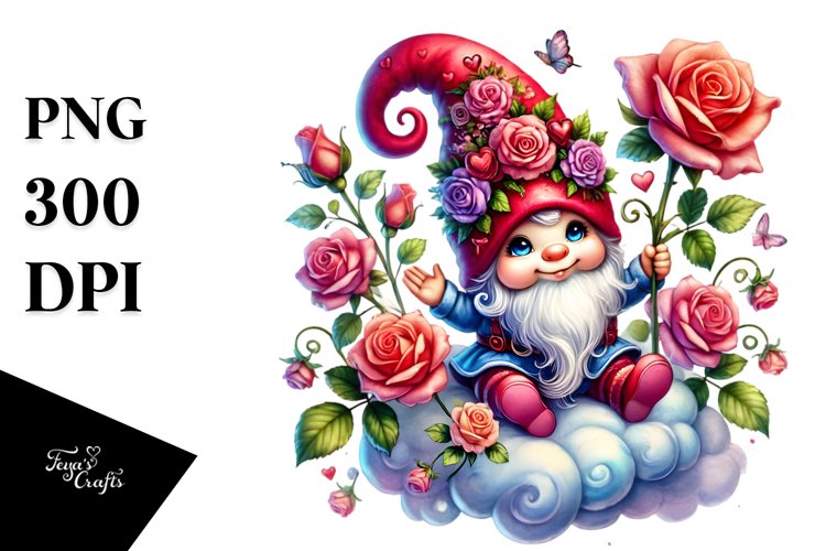 Detailed Gnome with Roses on Cloud PNG