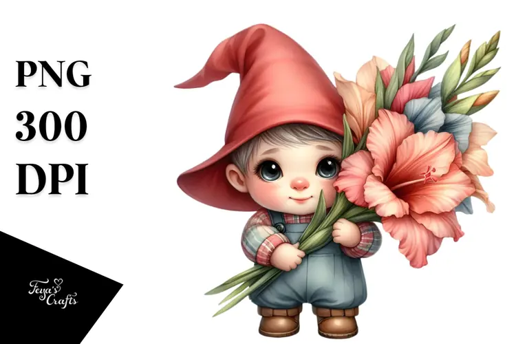 Baby Gnome with Gladiolus PNG
