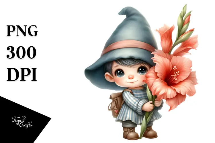 Baby Gnome with Gladiolus PNG
