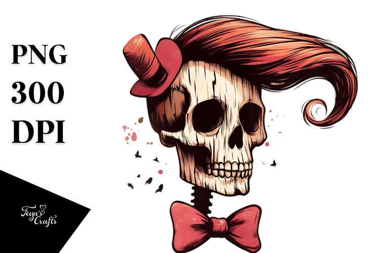 Skull with Hair and Bow, PNG