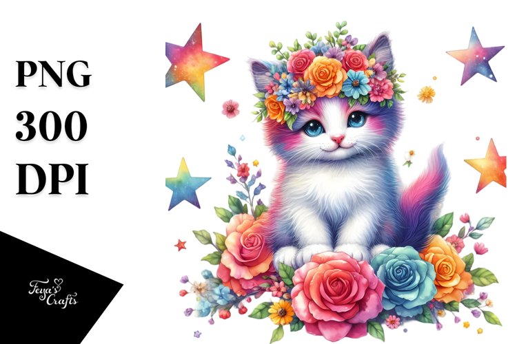Cartoon-style Kitten with Flower Crown PNG