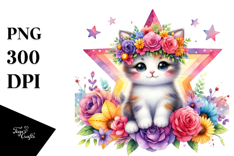 Colorful Kitten with Flower Crown, Cartoon Style PNG