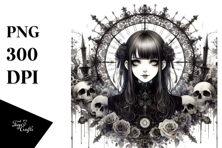 Watercolor Gothic Girl PNG example image 1