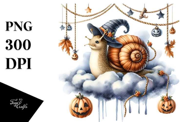 Watercolor Snail Dressed for Halloween Sitting on Cloud PNG